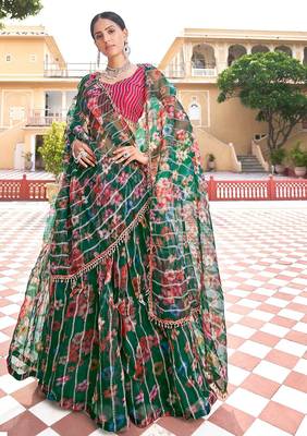Green Thread Embroidered & Sequins Organza Semi Stitched Lehenga Set 1