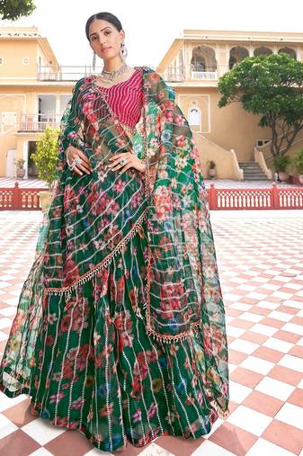 Green Thread Embroidered & Sequins Organza Semi Stitched Lehenga Set