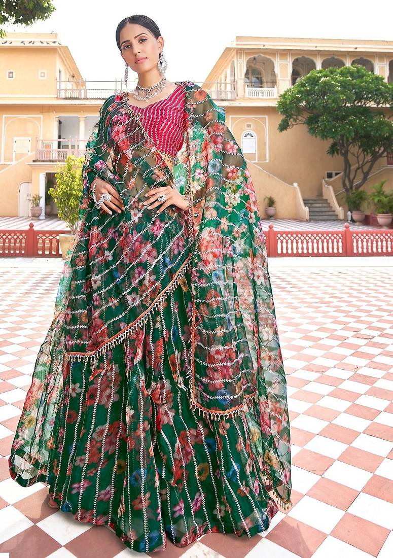 Green Thread Embroidered & Sequins Organza Semi Stitched Lehenga Set
