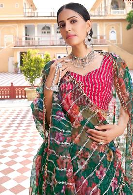 Green Thread Embroidered & Sequins Organza Semi Stitched Lehenga Set 2