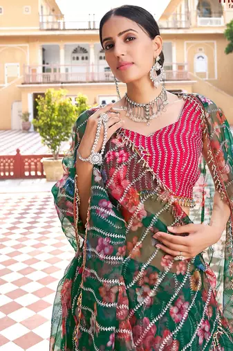 Green Thread Embroidered & Sequins Organza Semi Stitched Lehenga Set