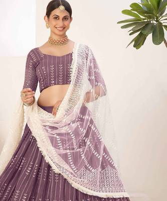 Lavender Embroidered & Sequins Georgette Semi Stitched Lehenga Set 1