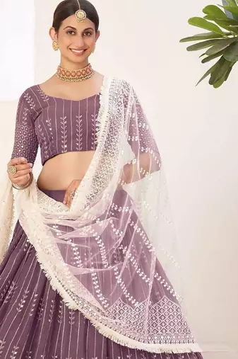 Lavender Embroidered & Sequins Georgette Semi Stitched Lehenga Set