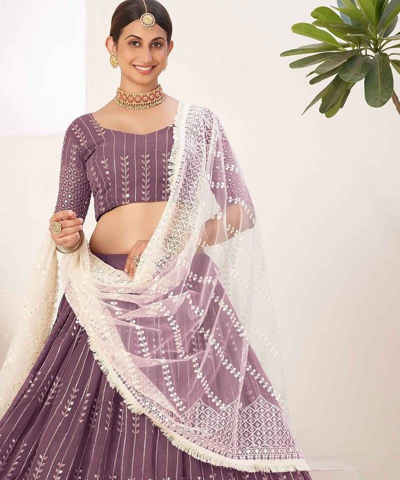 Lavender Embroidered & Sequins Georgette Semi Stitched Lehenga Set