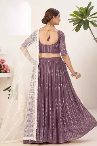 Lavender Embroidered & Sequins Georgette Semi Stitched Lehenga Set