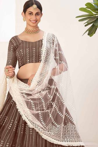 Brown Embroidered & Sequins Georgette Semi Stitched Lehenga Set