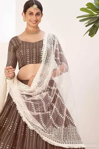 Brown Embroidered & Sequins Georgette Semi Stitched Lehenga Set