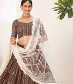Brown Embroidered & Sequins Georgette Semi Stitched Lehenga Set