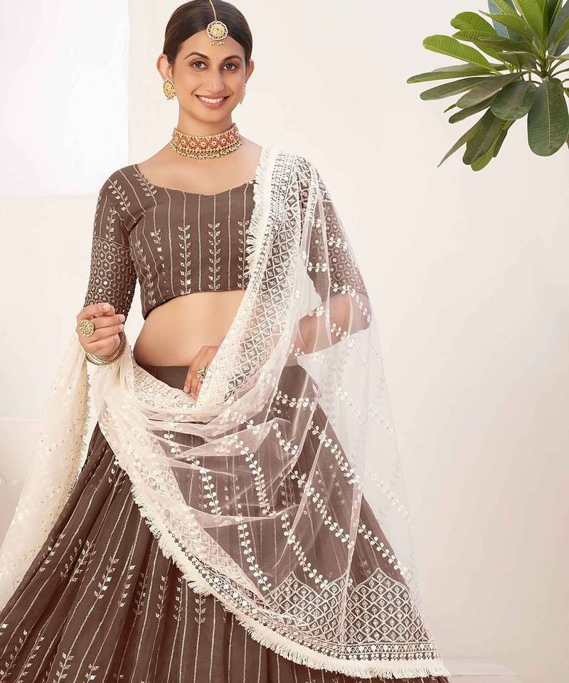 Brown Embroidered & Sequins Georgette Semi Stitched Lehenga Set