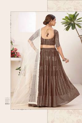 Brown Embroidered & Sequins Georgette Semi Stitched Lehenga Set 2