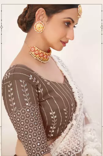Brown Embroidered & Sequins Georgette Semi Stitched Lehenga Set