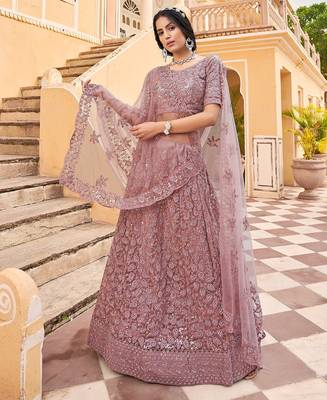 Mauve Embroidered & Sequins Net Semi Stitched Lehenga Set 1