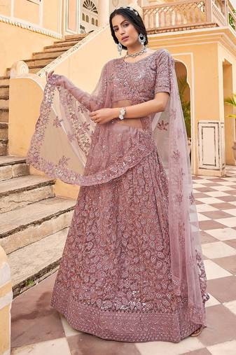 Mauve Embroidered & Sequins Net Semi Stitched Lehenga Set