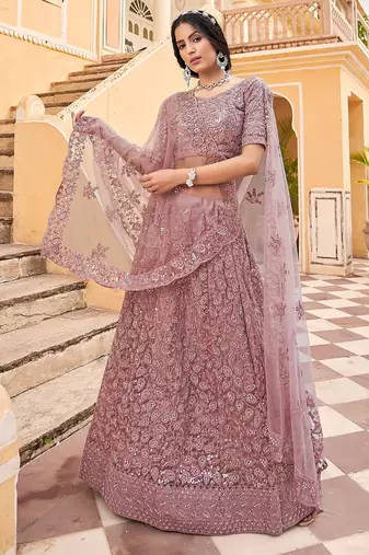 Mauve Embroidered & Sequins Net Semi Stitched Lehenga Set