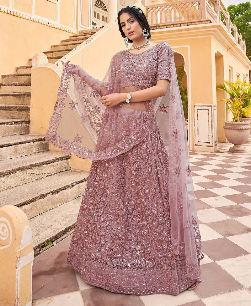 Mauve Embroidered & Sequins Net Semi Stitched Lehenga Set