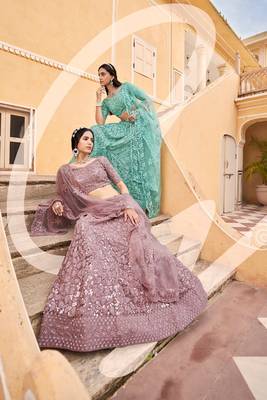 Mauve Embroidered & Sequins Net Semi Stitched Lehenga Set 2
