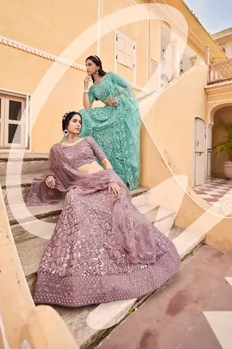 Mauve Embroidered & Sequins Net Semi Stitched Lehenga Set