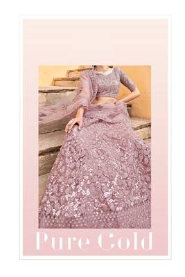Mauve Embroidered & Sequins Net Semi Stitched Lehenga Set 3