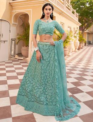 Green Embroidered & Sequins Net Semi Stitched Lehenga Set 1
