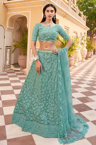 Green Embroidered & Sequins Net Semi Stitched Lehenga Set