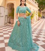 Green Embroidered & Sequins Net Semi Stitched Lehenga Set