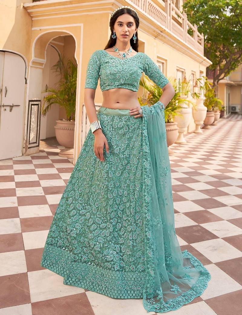 Green Embroidered & Sequins Net Semi Stitched Lehenga Set