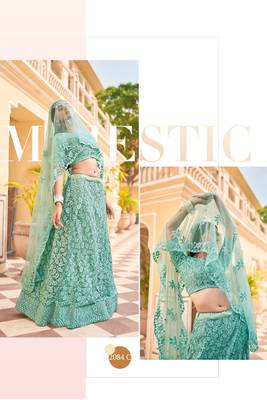 Green Embroidered & Sequins Net Semi Stitched Lehenga Set 2