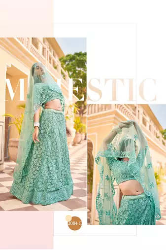 Green Embroidered & Sequins Net Semi Stitched Lehenga Set