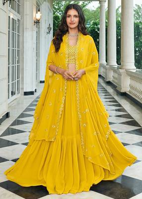 Mustard Embroidered & Sequins Georgette Semi Stitched Lehenga Set 1