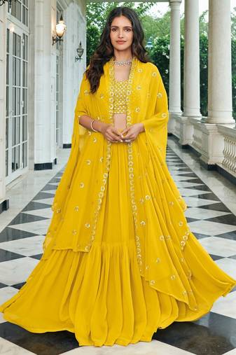 Mustard Embroidered & Sequins Georgette Semi Stitched Lehenga Set