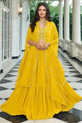 Mustard Embroidered & Sequins Georgette Semi Stitched Lehenga Set