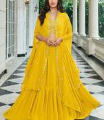 Mustard Embroidered & Sequins Georgette Semi Stitched Lehenga Set