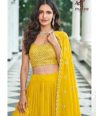 Mustard Embroidered & Sequins Georgette Semi Stitched Lehenga Set 2