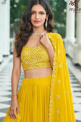 Mustard Embroidered & Sequins Georgette Semi Stitched Lehenga Set