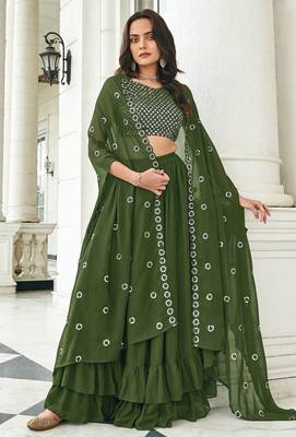Olive Green Embroidered & Sequins Georgette Semi Stitched Lehenga Set 1