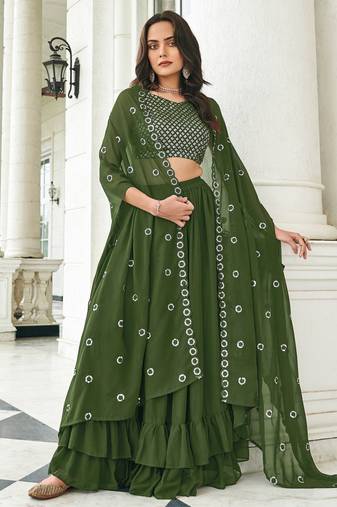 Olive Green Embroidered & Sequins Georgette Semi Stitched Lehenga Set