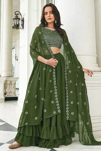 Olive Green Embroidered & Sequins Georgette Semi Stitched Lehenga Set