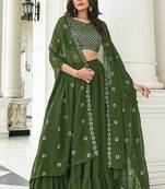 Olive Green Embroidered & Sequins Georgette Semi Stitched Lehenga Set