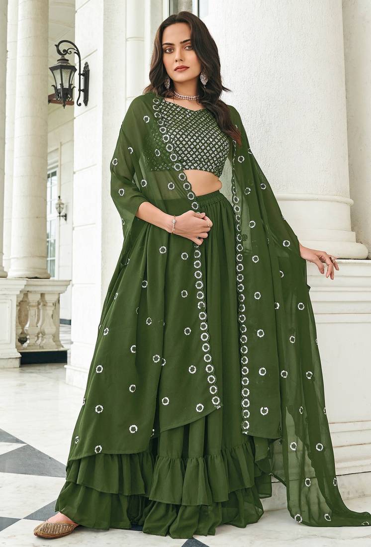 Olive Green Embroidered & Sequins Georgette Semi Stitched Lehenga Set