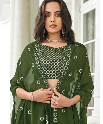 Olive Green Embroidered & Sequins Georgette Semi Stitched Lehenga Set 2