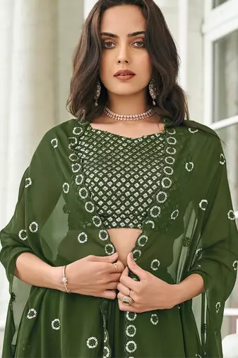 Olive Green Embroidered & Sequins Georgette Semi Stitched Lehenga Set