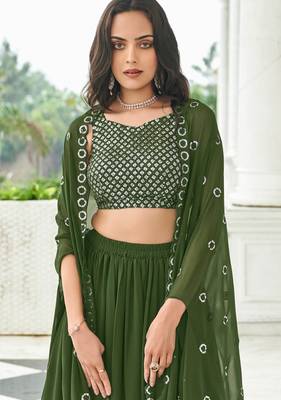Olive Green Embroidered & Sequins Georgette Semi Stitched Lehenga Set 3