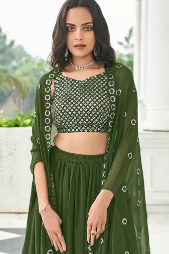 Olive Green Embroidered & Sequins Georgette Semi Stitched Lehenga Set