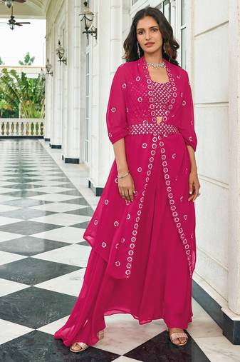 Pink Embroidered & Sequins Georgette Semi Stitched Lehenga Set