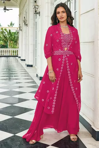 Pink Embroidered & Sequins Georgette Semi Stitched Lehenga Set