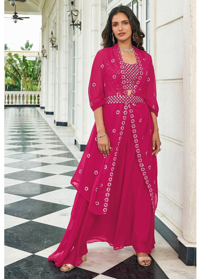 Pink Embroidered & Sequins Georgette Semi Stitched Lehenga Set