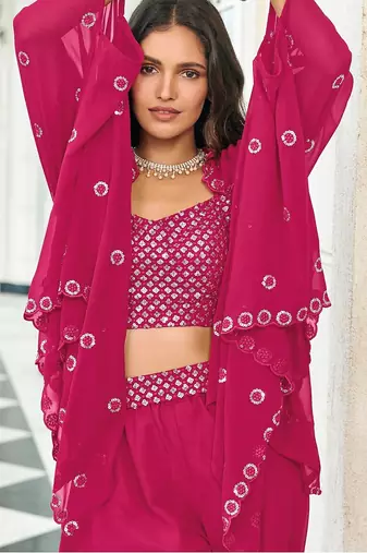 Pink Embroidered & Sequins Georgette Semi Stitched Lehenga Set