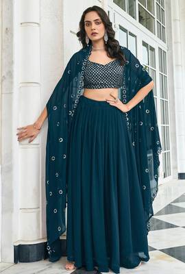 Blue Embroidered & Sequins Georgette Semi Stitched Lehenga Set 1