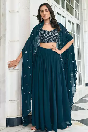 Blue Embroidered & Sequins Georgette Semi Stitched Lehenga Set