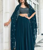 Blue Embroidered & Sequins Georgette Semi Stitched Lehenga Set